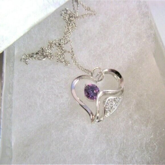 Sterling Silver Amethyst and Rhinestone Heart Pendant Necklace - Picture 11 of 12